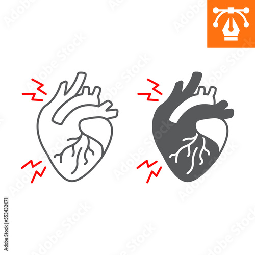 Heart attack line and solid icon, outline style icon for web site or mobile app, disease and anatomy, infarct vector icon, simple vector illustration, vector graphics with editable strokes.