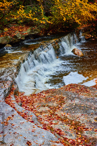 Fototapeta Naklejka Na Ścianę i Meble -  Cascading small waterfalls in river with exposed rocks covered in fall leaves