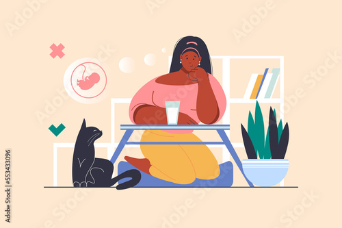 Childfree concept with people scene in flat design. Childless woman chooses to live single with her pet cat. Young girl decides not to have baby. Illustration with character situation for web photo