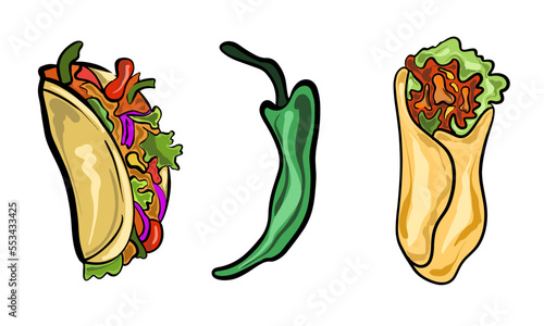 Vector Mexican traditional food burrito chili and tacos drawn in flat cartoon style.
