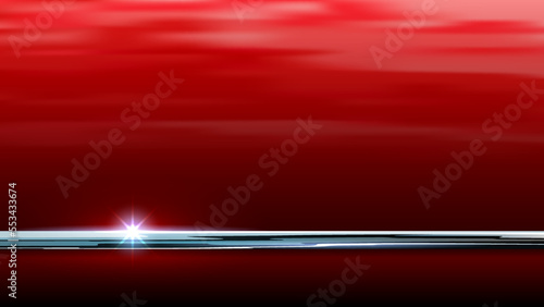 Red car body fragment, part. Background for banner in automotive style. Shiny car close up view. Vehicle paint coating texture. Chrome molding, logo, steel body. Vector background, mockup, template
