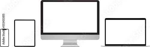 Digital devices. Laptop, tablet, monitor. Apple, mac, imac. Mockup realistic device. Set of laptop, tablet, computer and phone. PNG illustration