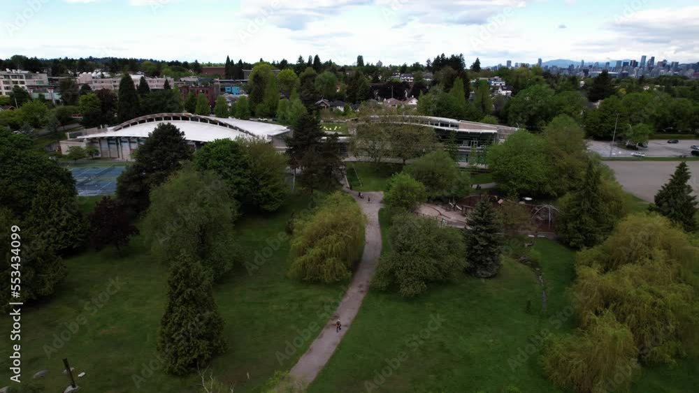 drone fly above Trout Lake Community Centre (TLCC) Vancouver gathering modern building for arts and sports activities drone fly above Trout Lake Community Centre (TLCC) Vancouver gathering modern building for arts and sports activities