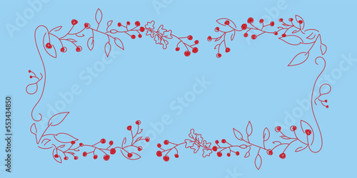 Vector. Merry Christmas and Happy New Year floral background, copy space for text. Rustic horizontal frame template for Christmas cards, wedding invitations, party invitations. Hand-drawn sketch.