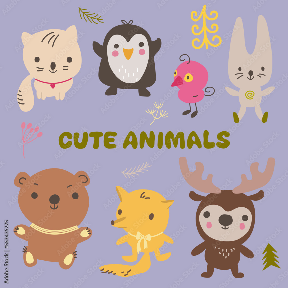 Set of hand drawn kawaii style cute animal. Doodle isolated illustration with animals. Set of hand drawn kawaii style cute animal. Doodle isolated illustration with animals.