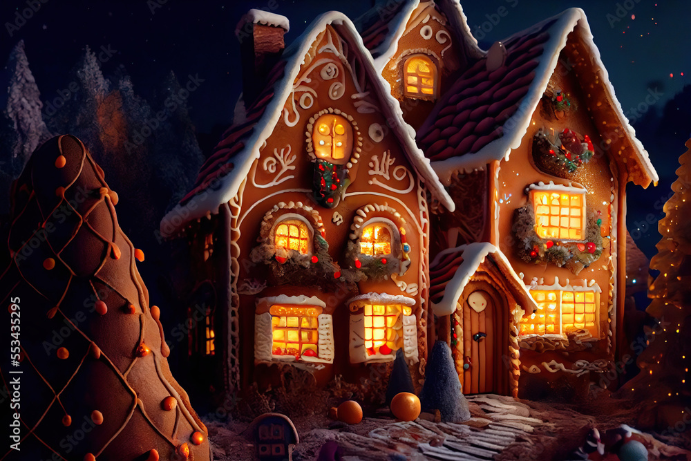 Fototapeta premium Wonderful fairy tale village of little gingerbread houses decorated for Christmas with Christmas trees and lights in the windows, AI generated image