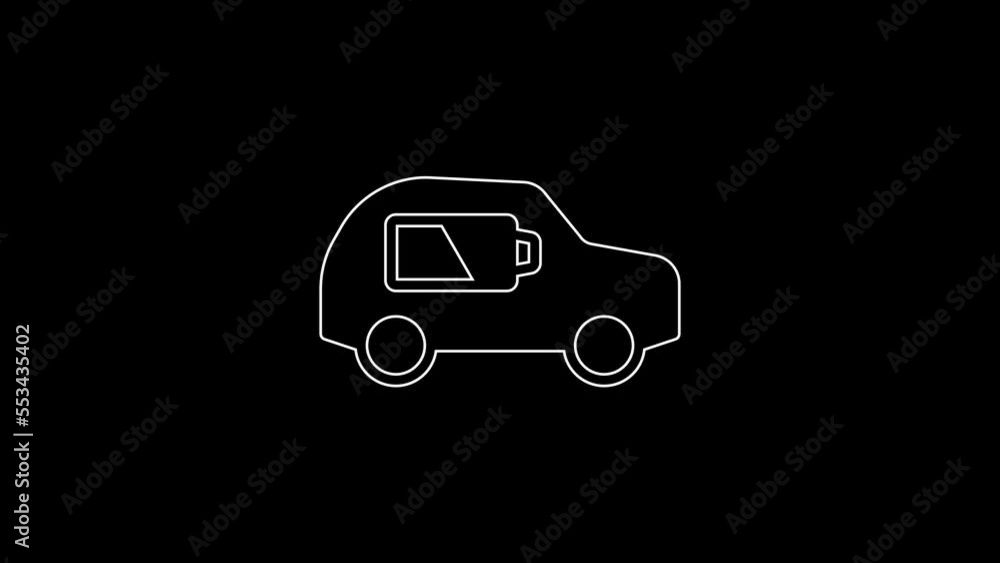 White line Electric car and electrical cable plug charging icon isolated on black background. Renewable eco technologies. 4K Video motion graphic animation White line Electric car and electrical cable plug charging icon isolated on black background. Renewable eco technologies. 4K Video motion graphic animation