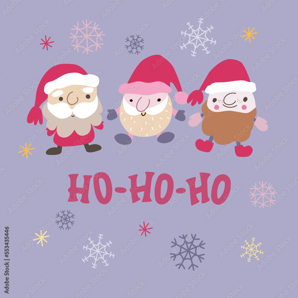 Three cute Santa Claus, doodle, kawaii style character with hand drawn lettering Ho Ho Ho.