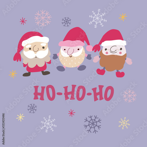 Three cute Santa Claus, doodle, kawaii style character with hand drawn lettering Ho Ho Ho.