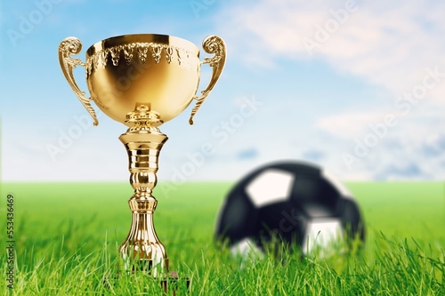 Trophy Cup and soccer ball on field lawn. photo