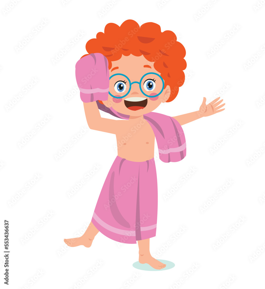Little boy wearing bathrobe standing with towel vector image Little boy wearing bathrobe standing with towel vector image