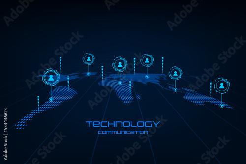 Vector world map with connection people, global communication concept. Technology futuristic background.