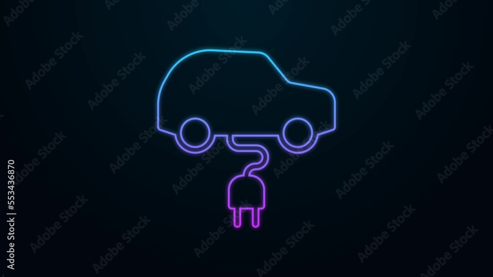 Glowing neon line Electric car and electrical cable plug charging icon isolated on black background. Renewable eco technologies. 4K Video motion graphic animation Glowing neon line Electric car and electrical cable plug charging icon isolated on black background. Renewable eco technologies. 4K Video motion graphic animation