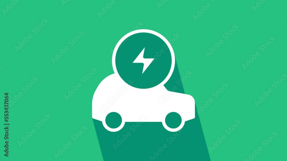 White Electric car and electrical cable plug charging icon isolated on green background. Renewable eco technologies. 4K Video motion graphic animation White Electric car and electrical cable plug charging icon isolated on green background. Renewable eco technologies. 4K Video motion graphic animation
