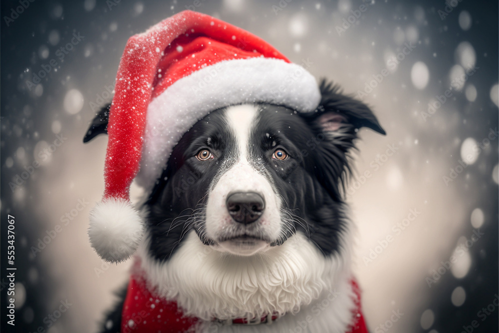 Cute borde collie dog with Santa hat in winter snowfall