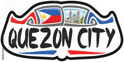Quezon City Philippines Flag Travel Souvenir Sticker Skyline Logo Badge Stamp Seal Emblem Vector