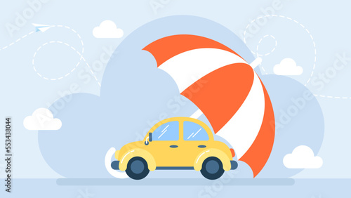Car Insurance design concept with umbrella protection. Yellow auto. Car insurance concept. Umbrella that protects automobile. Insurance policy. Flat style design. Vector illustration.