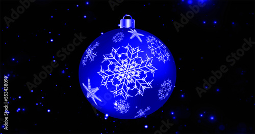 Festive blue ball  Christmas tree toy with a snowflake holiday Christmas New Year on the background of blue flying particles. Abstract background