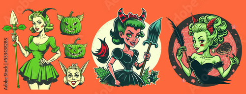Beautiful young green monster girl, devil with pitchfork, witch on broom.  Isolated vector illustration