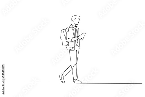 Cartoon of businessman using phone walking commuting to work with backpack bag. Single line art style