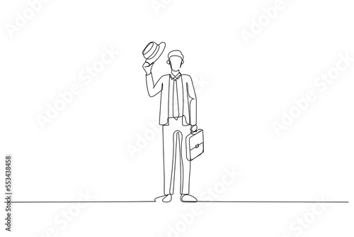 Drawing of businessman in suit with briefcase going to business meeting. Single continuous line art