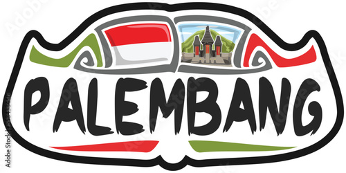 Palembang Indonesia Flag Travel Souvenir Sticker Skyline Landmark Logo Badge Stamp Seal Emblem EPS photo