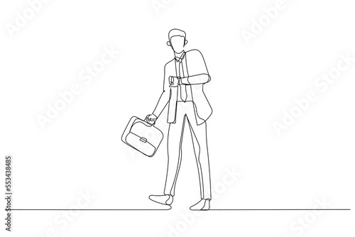 Cartoon of businessman in suit with a large business travel bag looks at his watch and hurries. One continuous line art style