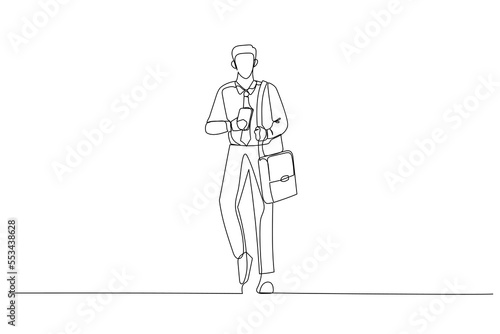 Cartoon of successful businessman in office clothes holding smartphone and laptop bag. One continuous line art style