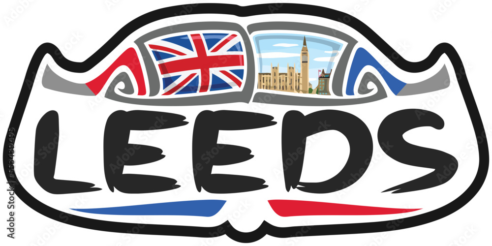 Leeds UK United Kingdom Flag Travel Souvenir Skyline Landmark Logo Badge Stamp Seal Emblem EPS