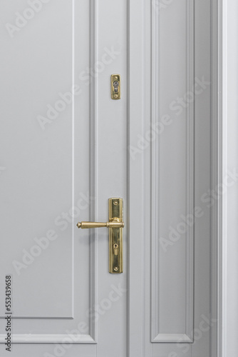 Detal na szare drzwi ze złotą klamką