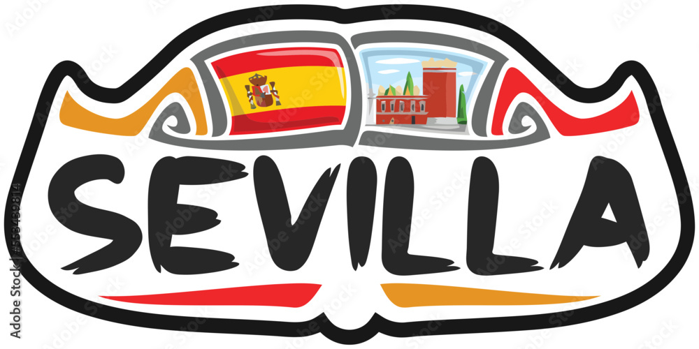 Sevilla Spain Flag Travel Souvenir Sticker Skyline Landmark Logo Badge Stamp Seal Emblem SVG EPS