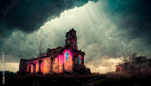 Colorful church during a storm