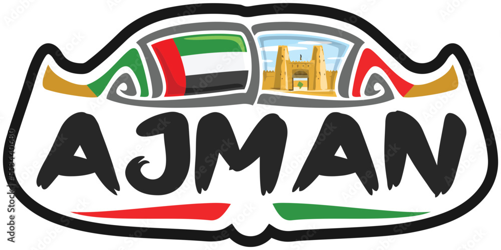 Ajman UAE United Arab Emirates Flag Travel Souvenir Sticker Skyline Landmark Logo Badge Stamp Seal
