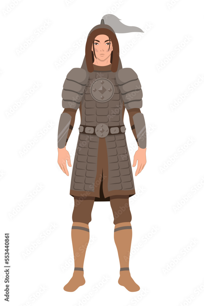 Sakha botur warrior. Yakut warrior. Middle Asain warrior isolated vector. Man wear ancient central traditional armor. Sakha botur warrior. Yakut warrior. Middle Asain warrior isolated vector. Man wear ancient central traditional armor.