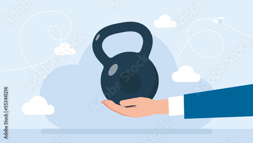 Strong hand holding big heavy kettlebell. Weight. Debt. Debentures. Black dumbbell. Strength, power and success concept. Success in solving problems. Important business decisions. Vector illustration