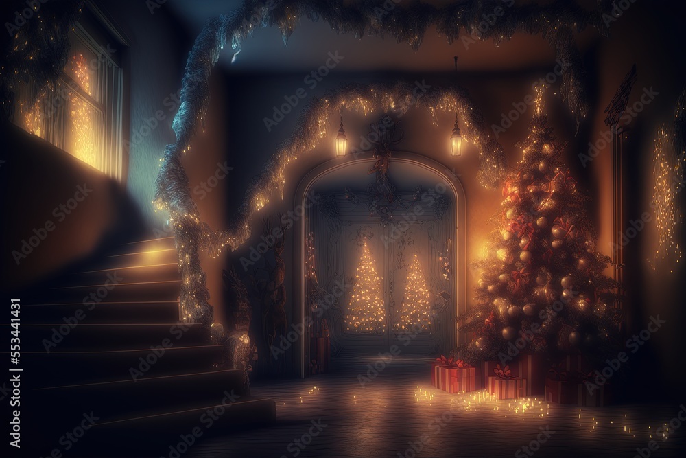 The Magic Snowy House. Christmas tree, streaks of light, night. Ai Generative The Magic Snowy House. Christmas tree, streaks of light, night. Ai Generative