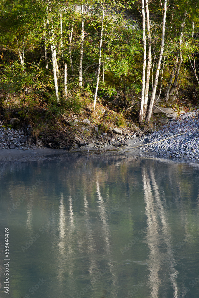 Obraz premium Reflections of trees in Rhine River at gorge of Anterior Rhine Valley on a sunny autumn day. Photo taken September 26th, 2022, Versam, Switzerland.