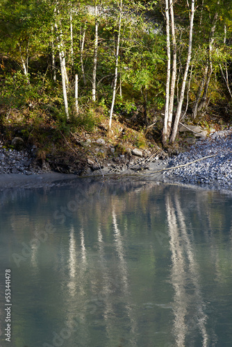 Reflections of trees in Rhine River at gorge of Anterior Rhine Valley on a sunny autumn day. Photo taken September 26th, 2022, Versam, Switzerland.