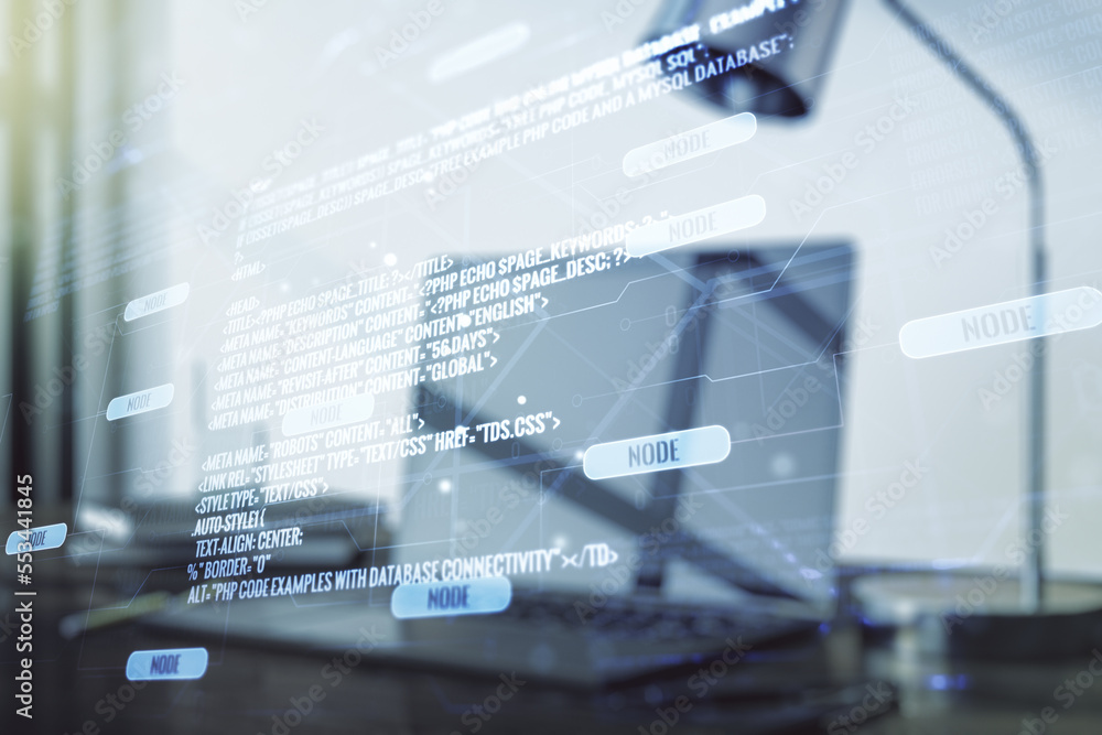 Multi exposure of abstract graphic coding sketch on modern computer background, big data and networking concept Multi exposure of abstract graphic coding sketch on modern computer background, big data and networking concept