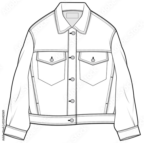 Oversized denim trucker jacket flat sketch vector illustration technical cad drawing template