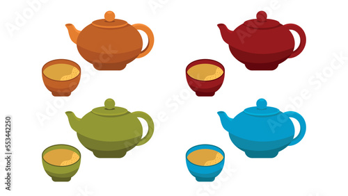 Set of teapot and cup of green tea. Tea time. Collection of vector illustration isolated on white background