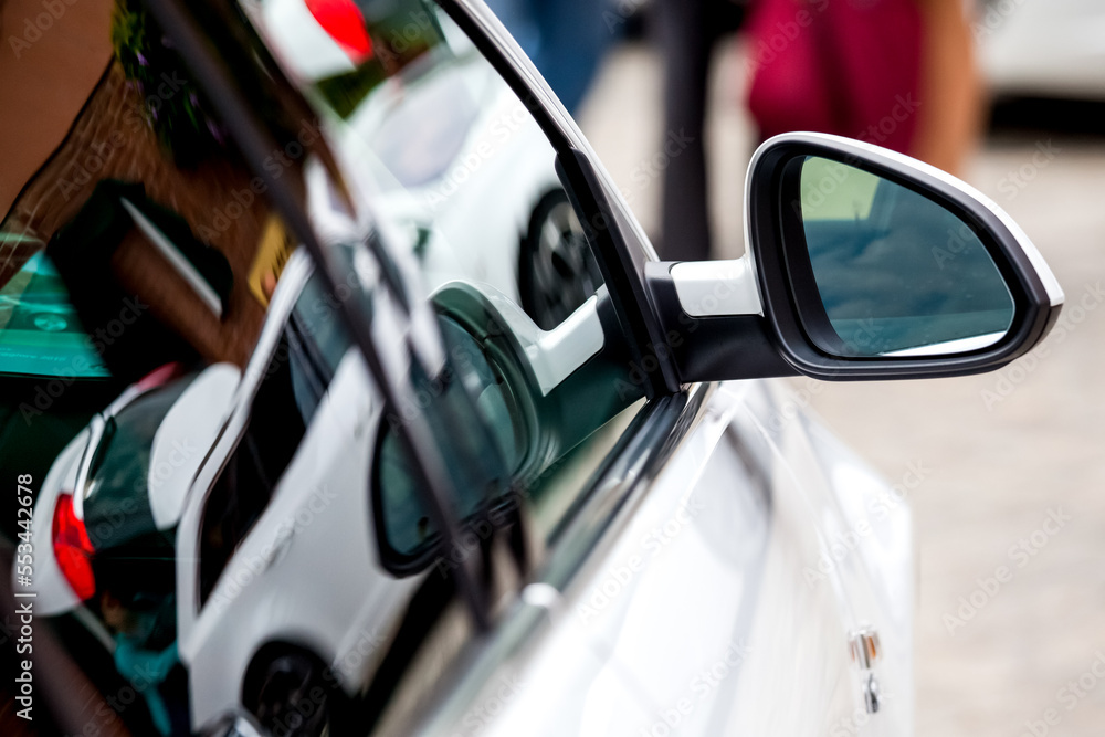 Brand new white car car exterior with mirror Brand new white car car exterior with mirror
