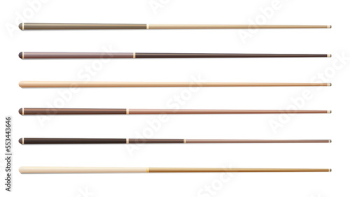 Vector set of wooden billiard cues. Realistic Snooker sports equipment. Vintage pool cue.  Active recreation and entertainment. Vector illustration