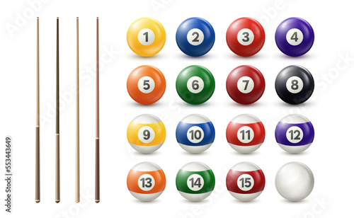 Billiard, pool balls with numbers and cues collection. Realistic glossy snooker, lottery ball isolated on white background. Vector illustration