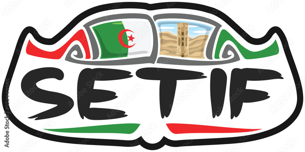Setif Algeria Flag Travel Souvenir Sticker Skyline Landmark Logo Badge Stamp Seal Emblem EPS