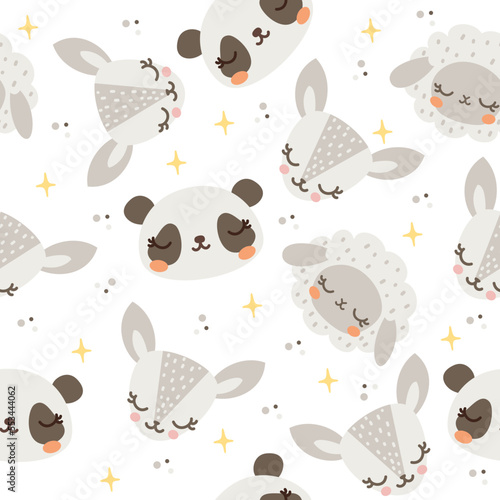 Seamless vector pattern. Cute sleeping animals, stars. Panda, deer, father, ram, antelope. Background for children's products on white background 