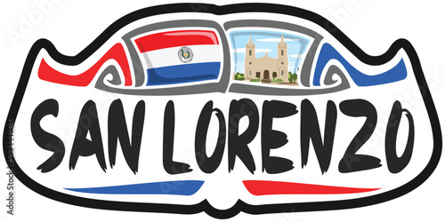 San Lorenzo Paraguay Flag Travel Souvenir Sticker Skyline Landmark Logo Badge Stamp Seal Emblem EPS