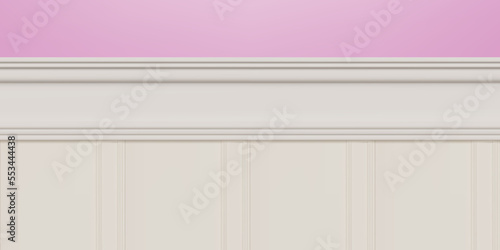 Beige beadboard or wainscot with top chair guard trim seamless pattern on pink wall. Light wood or gypsum embossed baseboard or skirting under vintage wall panels. Vector illustration