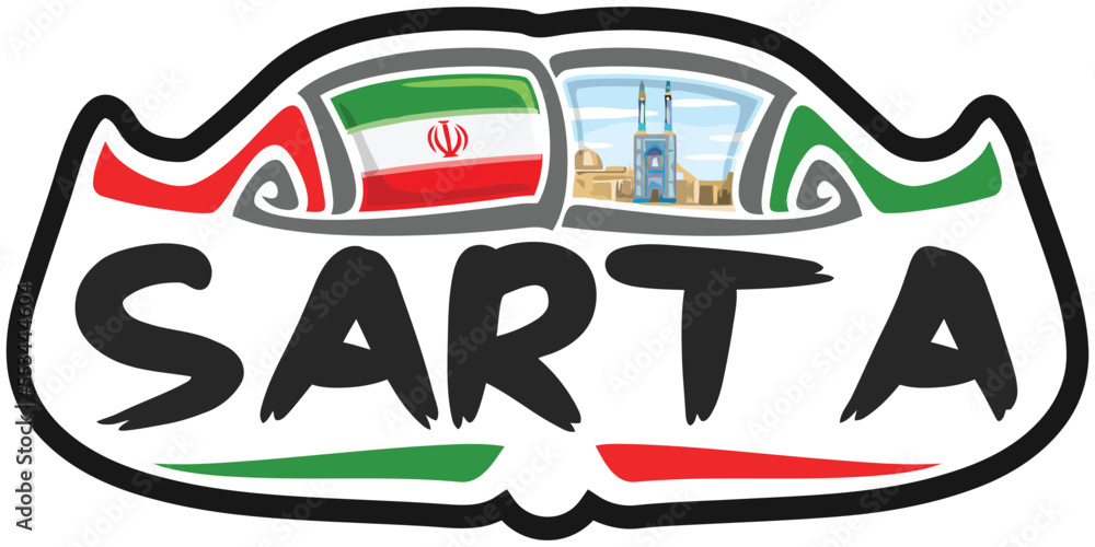 Sarta Iran Flag Travel Souvenir Sticker Skyline Landmark Logo Badge Stamp Seal Emblem EPS