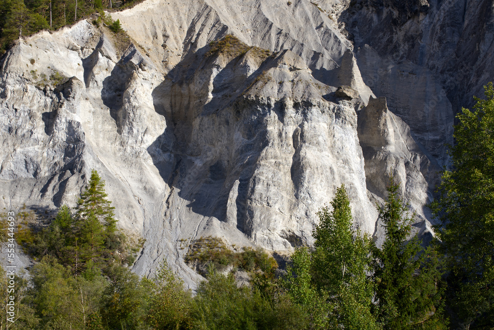 Beautiful rock formation at gorge of Anterior Rhine Valley at Versam, Canton Graubünden, on a sunny autumn day. Photo taken September 26th, 2022, Versam, Switzerland.
